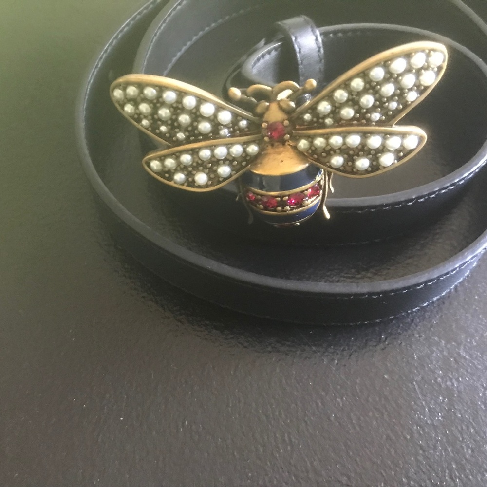 Gucci Black Calfskin Leather Queen Margaret Bee Belt